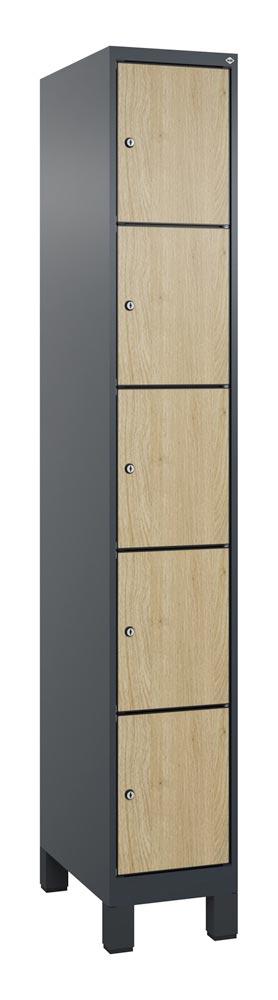 Fächerschrank mit MDF Türen, BxTxH 300x500x1.950 mm, 1x5 Fächer, Abteilbreite 300 mm, Füße, Schloss, HPL-Dekorfront, RAL 7016/Dekor Eiche