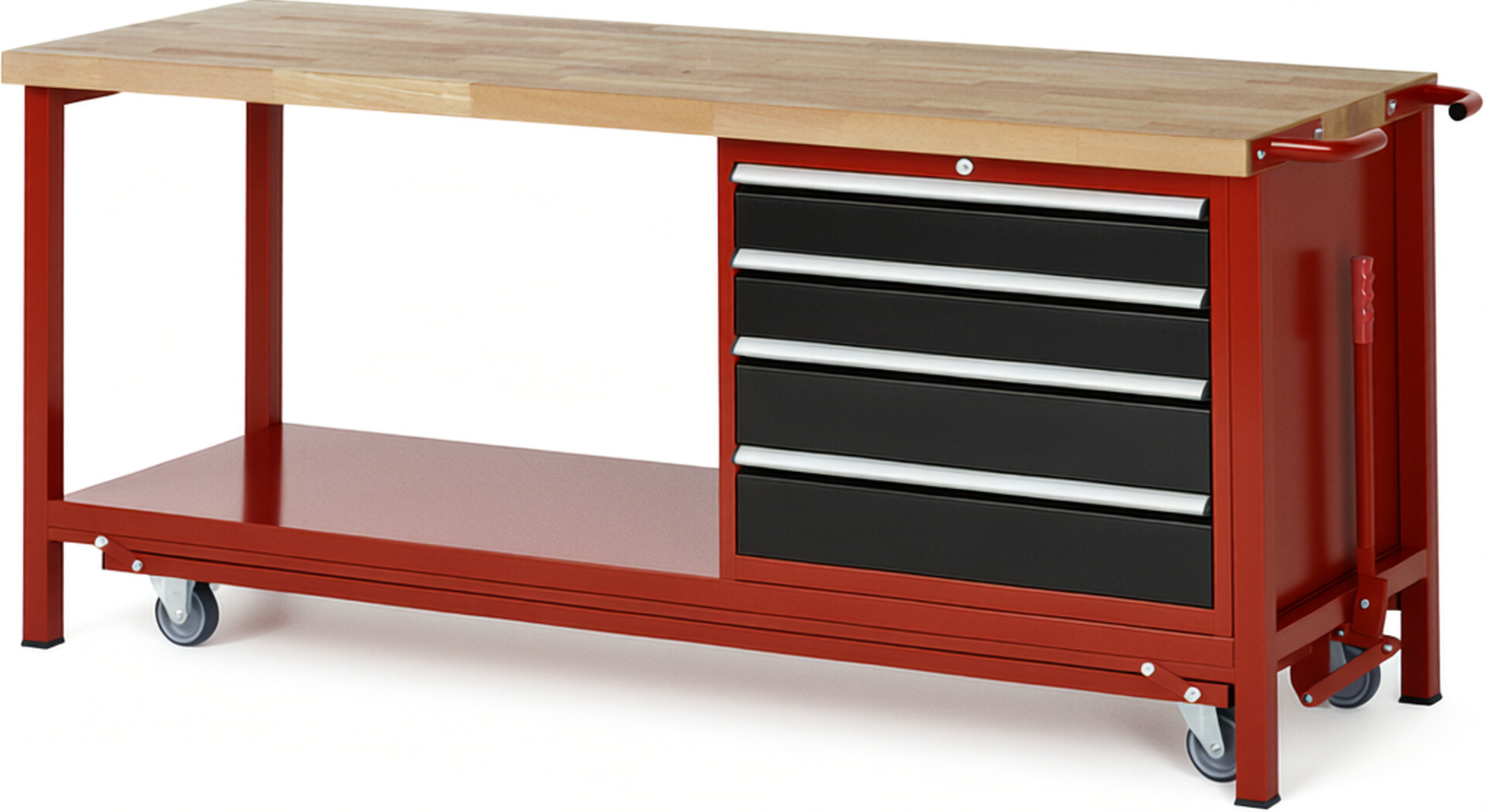 Absenkbare Werkbank Modell 8262 rot - schwarz, BxTxH 2000x700x880 mm,  Buche-Massiv Arbeitsplatte 40 mm,  4 Schubladen mit  Vollauszug 100 % und  SoftClosing