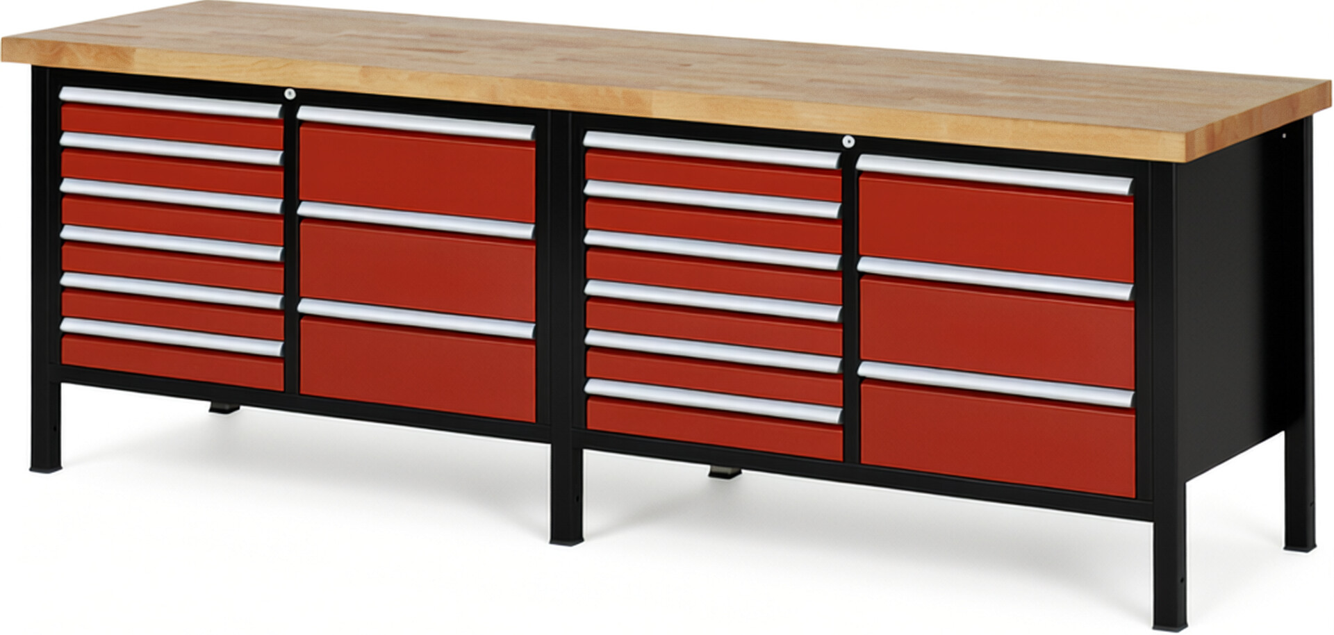 RAU Werkbank schwarz - rot - Breite 250 cm - Tiefe 70 cm - Höhe 104 cm - Buche-Massiv Arbeitsplatte 40 mm