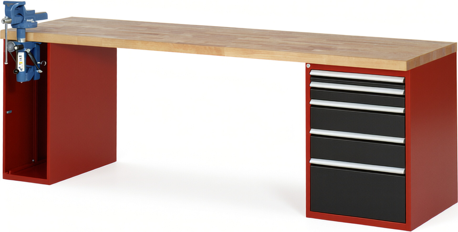 Werkbank Modell 7511 rot - schwarz, BxTxH 2500x700x840 mm,  Buche-Massiv Arbeitsplatte 40 mm,  5 Schubladen mit  Vollauszug 100 % und  SoftClosing