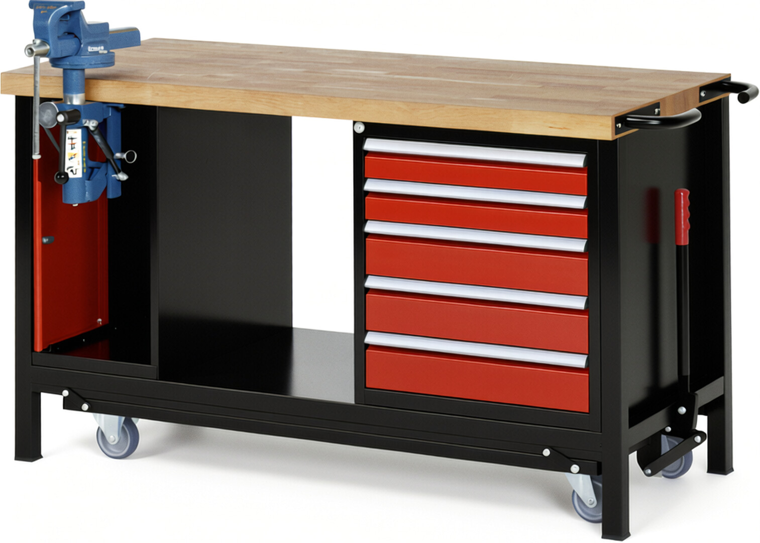 RAU Werkbank schwarz - rot - Breite 150 cm - Tiefe 70 cm - Höhe 88 cm - Buche-Massiv Arbeitsplatte 40 mm