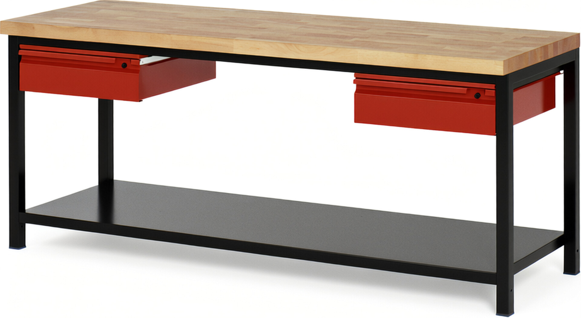 RAU Werkbank schwarz - rot - Breite 200 cm - Tiefe 70 cm - Höhe 104 cm - Buche-Massiv Arbeitsplatte 40 mm