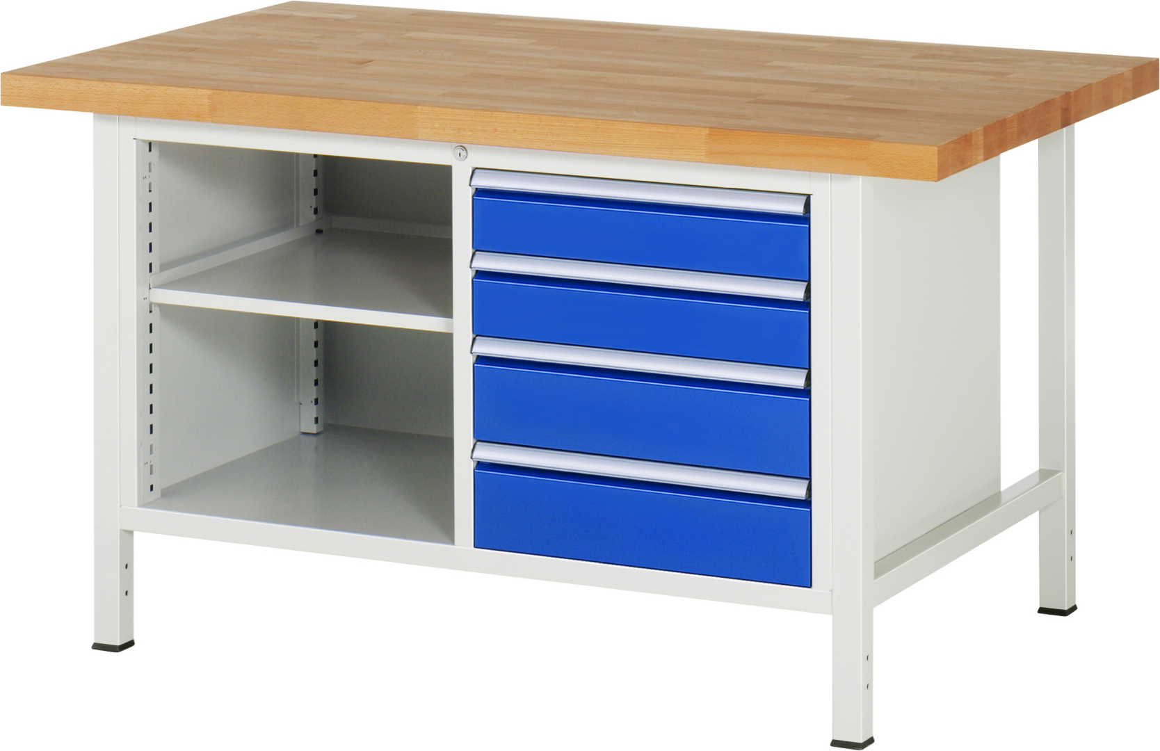 Werkbank Modell 8463,  BxTxH 1500x900x840 mm,  Buche-Massiv Arbeitsplatte 40 mm,  4 Schubladen mit  Vollauszug 100 % und  SoftClosing
