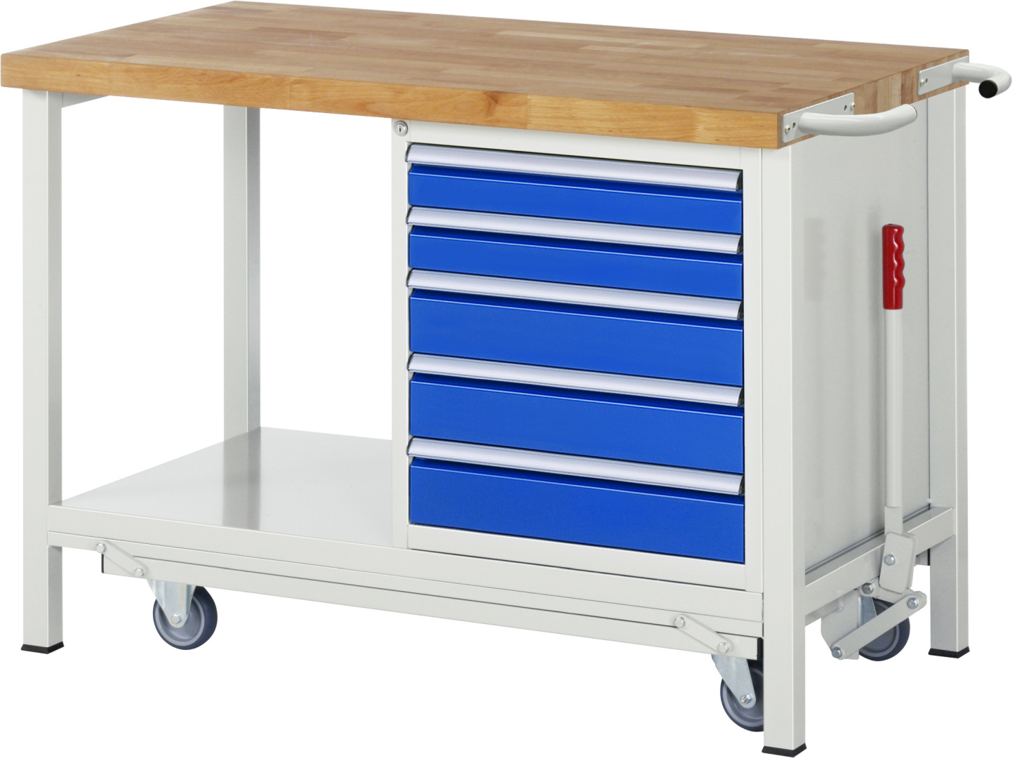 Absenkbare Werkbank Modell 8171 rot - schwarz, BxTxH 1250x700x880 mm,  Buche-Massiv Arbeitsplatte 40 mm,  5 Schubladen mit  Vollauszug 100 % und  SoftClosing