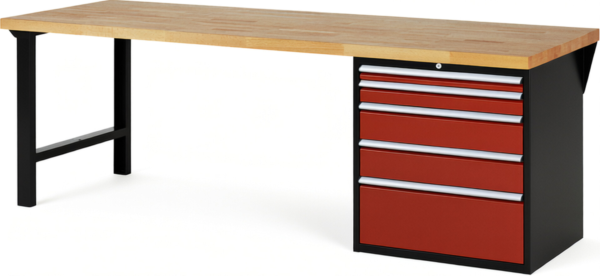 RAU Werkbank schwarz - rot - Breite 250 cm - Tiefe 90 cm - Höhe 84 cm - Buche-Massiv Arbeitsplatte 40 mm