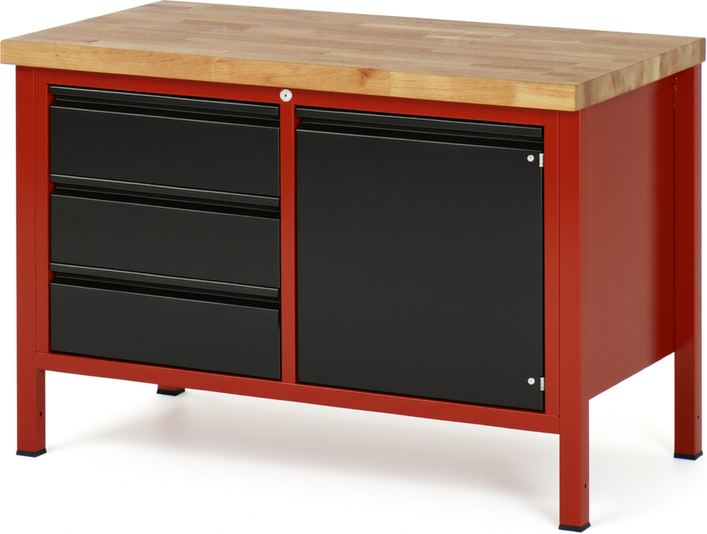 Werkbank rot - schwarz, BxTxH 1250x700x840-1040 mm, Platte Buche 40 mm, 3 Schubladen 180 mm, 1 Tür 540 mm, 1 Fachboden, RAL 3000/9011