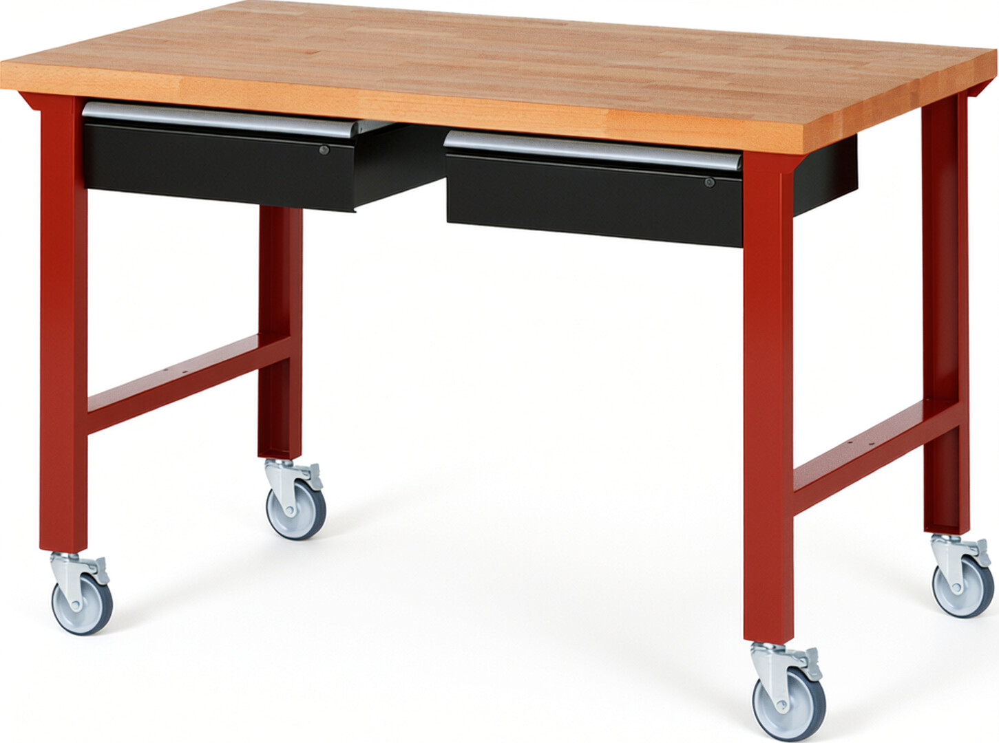 RAU Werkbank rot - schwarz - Breite 150 cm - Tiefe 90 cm - Höhe 100 cm - Buche-Massiv Arbeitsplatte 40 mm