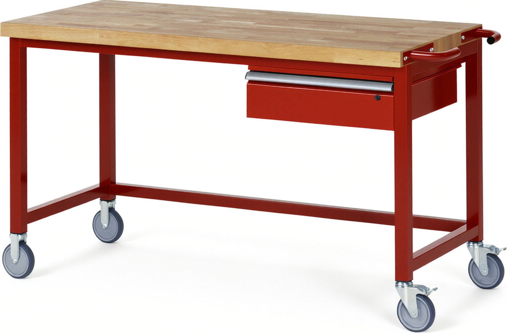Fahrbare Werkbank Modell 8001 rot, BxTxH 1500x700x880-1080 mm,  Buche-Massiv Arbeitsplatte 40 mm,  1 Schublade mit  Auszug 90 %