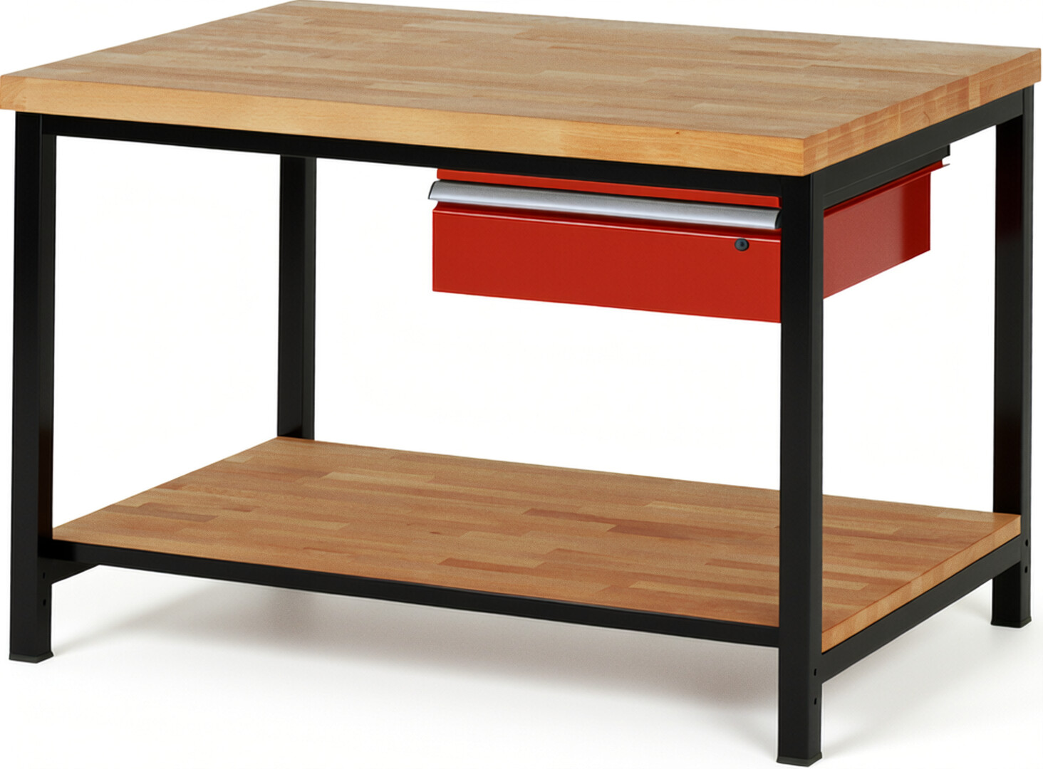 RAU Werkbank schwarz - rot - Breite 125 cm - Tiefe 90 cm - Höhe 104 cm - Buche-Massiv Arbeitsplatte 40 mm