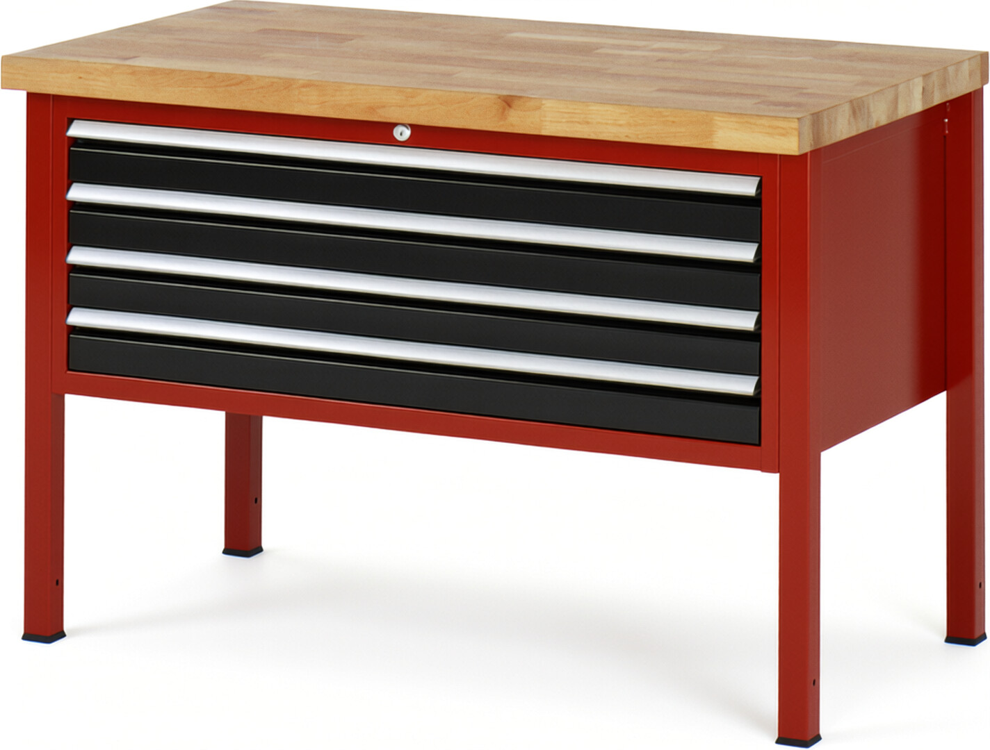 Werkbank Modell 8333 rot - schwarz, BxTxH 1250x700x840-1040 mm,  Buche-Massiv Arbeitsplatte 40 mm,  4 Schubladen mit  Auszug 90 %