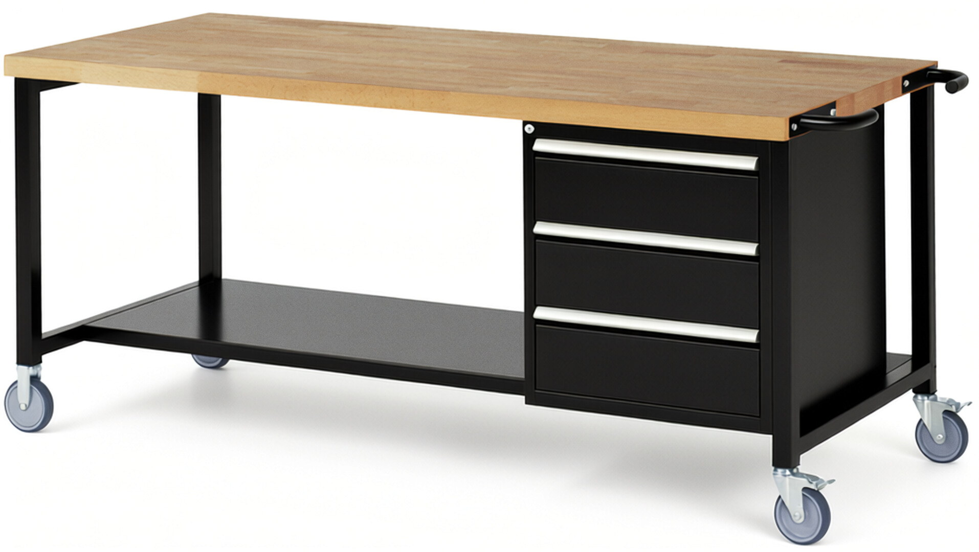 RAU Werkbank schwarz - Breite 200 cm - Tiefe 90 cm - Höhe 88 cm - Buche-Massiv Arbeitsplatte 40 mm