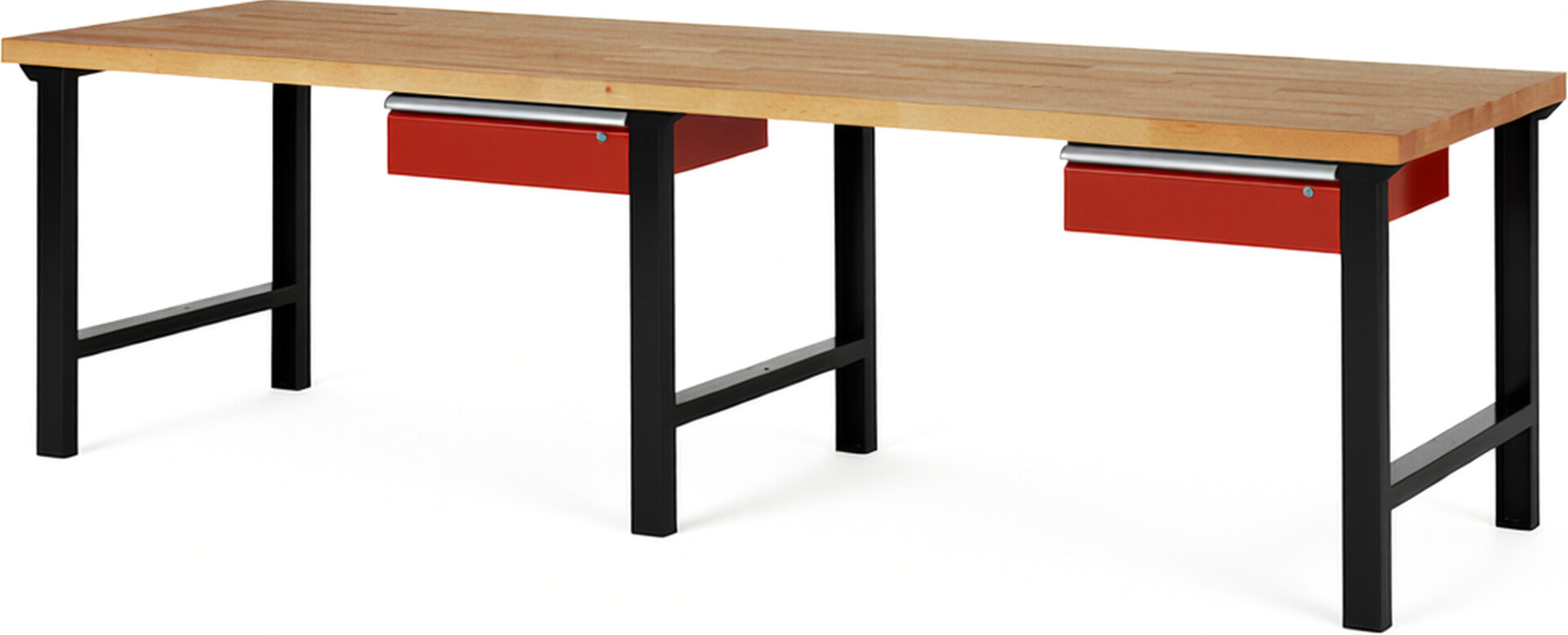 RAU Werkbank schwarz - rot - Breite 300 cm - Tiefe 90 cm - Höhe 84 cm - Buche-Massiv Arbeitsplatte 40 mm