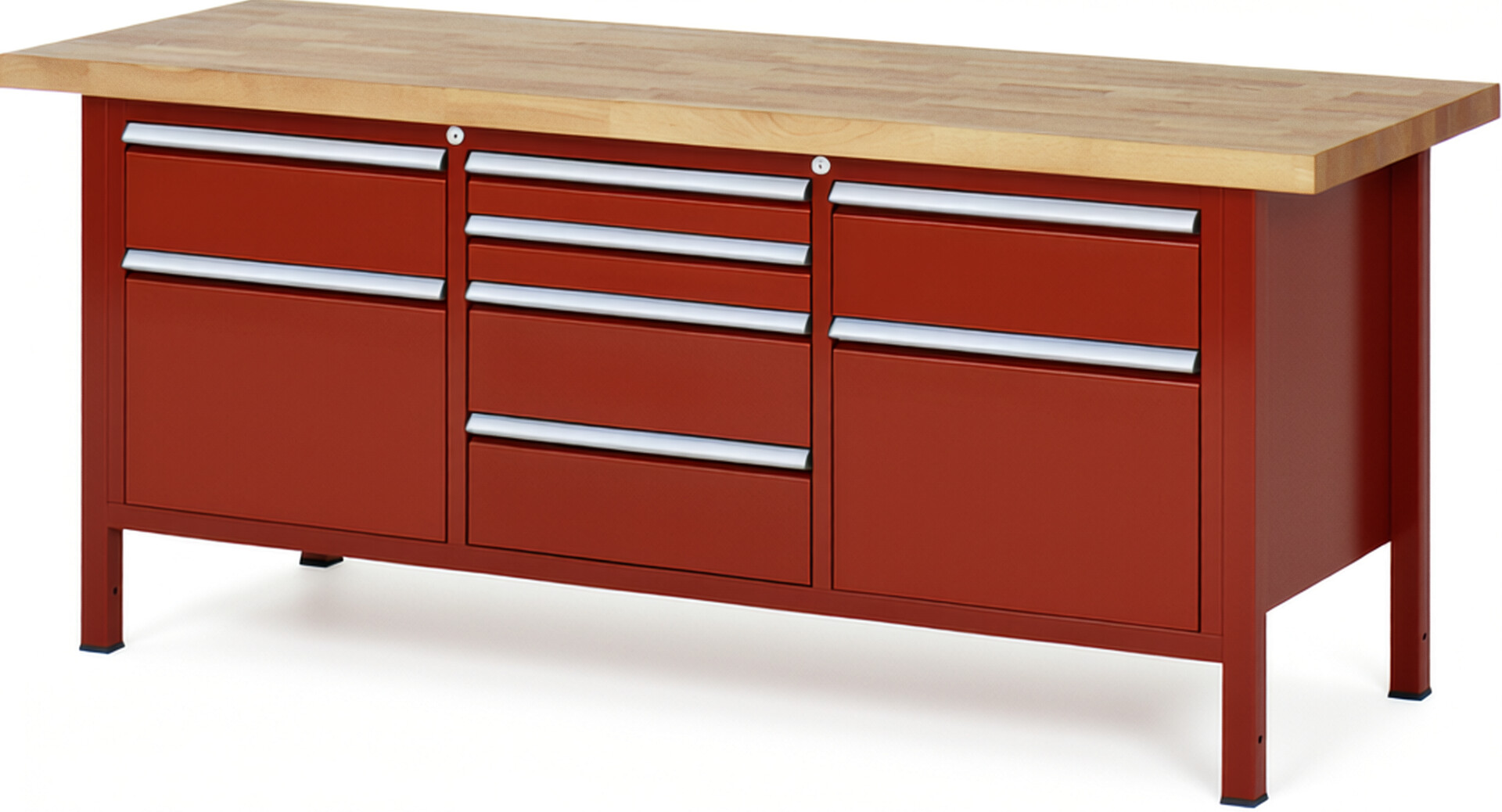 Werkbank Modell 8572 rot, BxTxH 2000x700x840-1040 mm,  Buche-Massiv Arbeitsplatte 40 mm,  8 Schubladen mit  Auszug 90 %