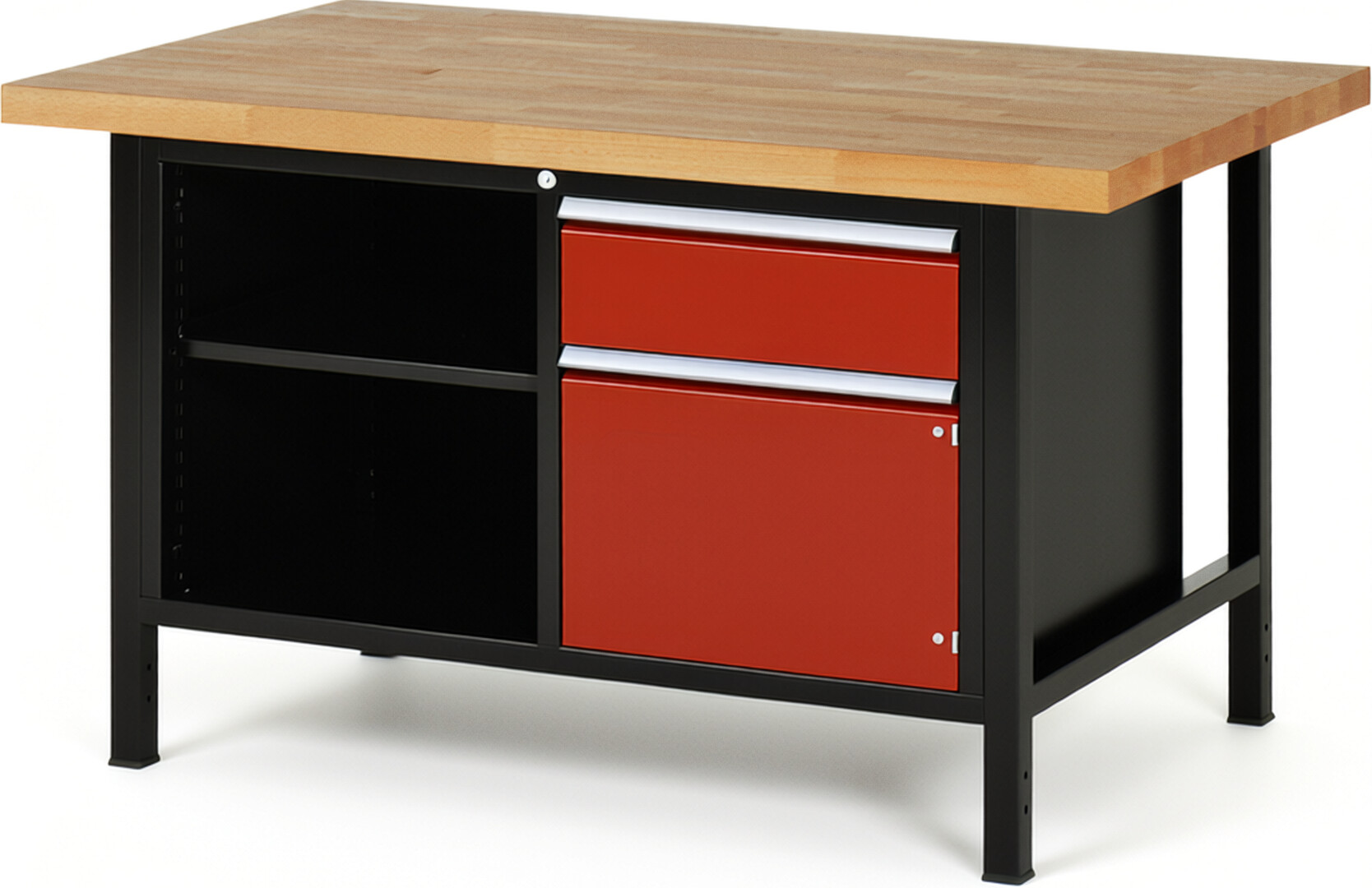 RAU Werkbank schwarz - rot - Breite 150 cm - Tiefe 90 cm - Höhe 84 cm - Buche-Massiv Arbeitsplatte 40 mm