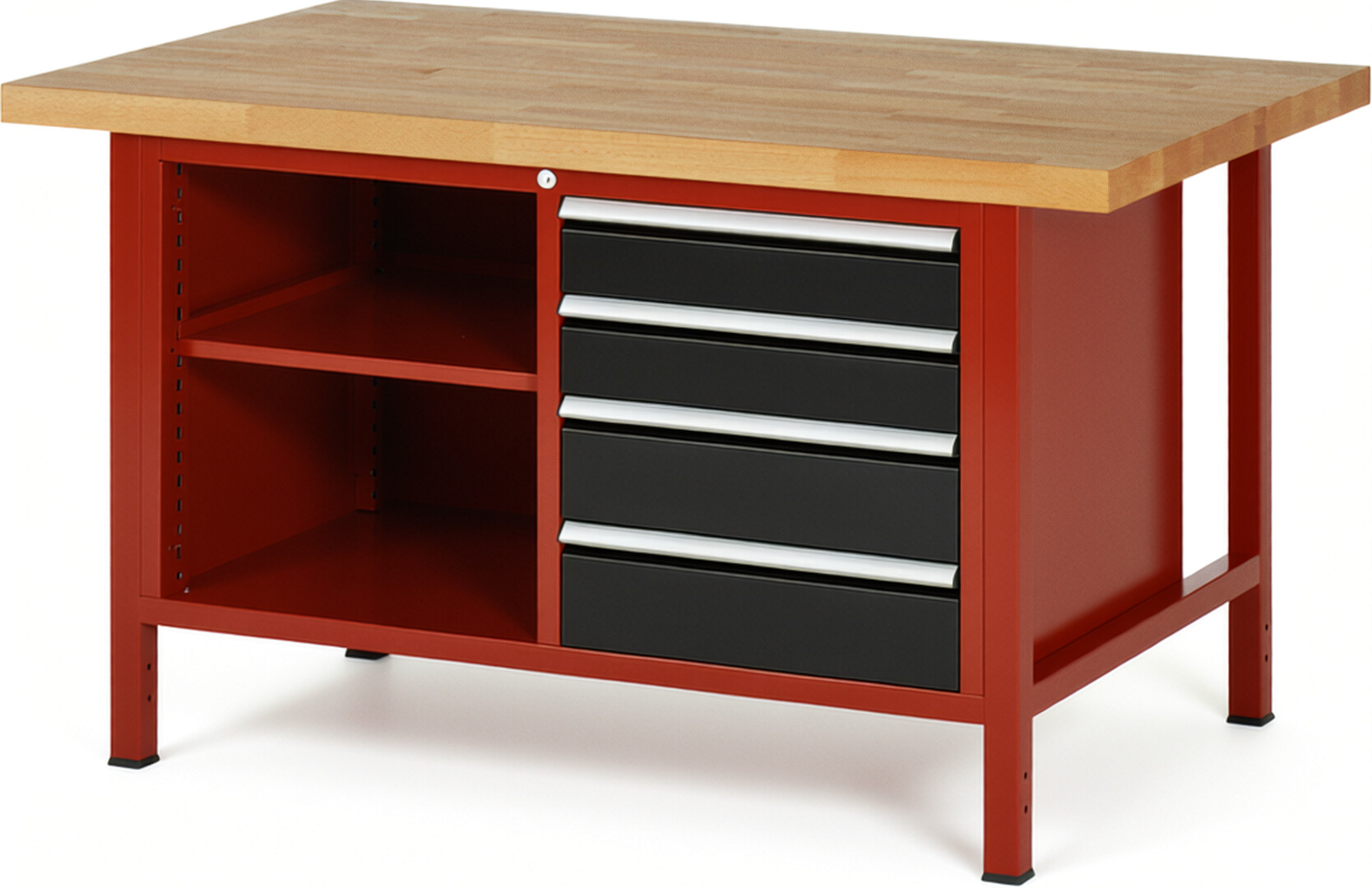 RAU Werkbank rot - schwarz - Breite 150 cm - Tiefe 90 cm - Höhe 84 cm - Buche-Massiv Arbeitsplatte 40 mm