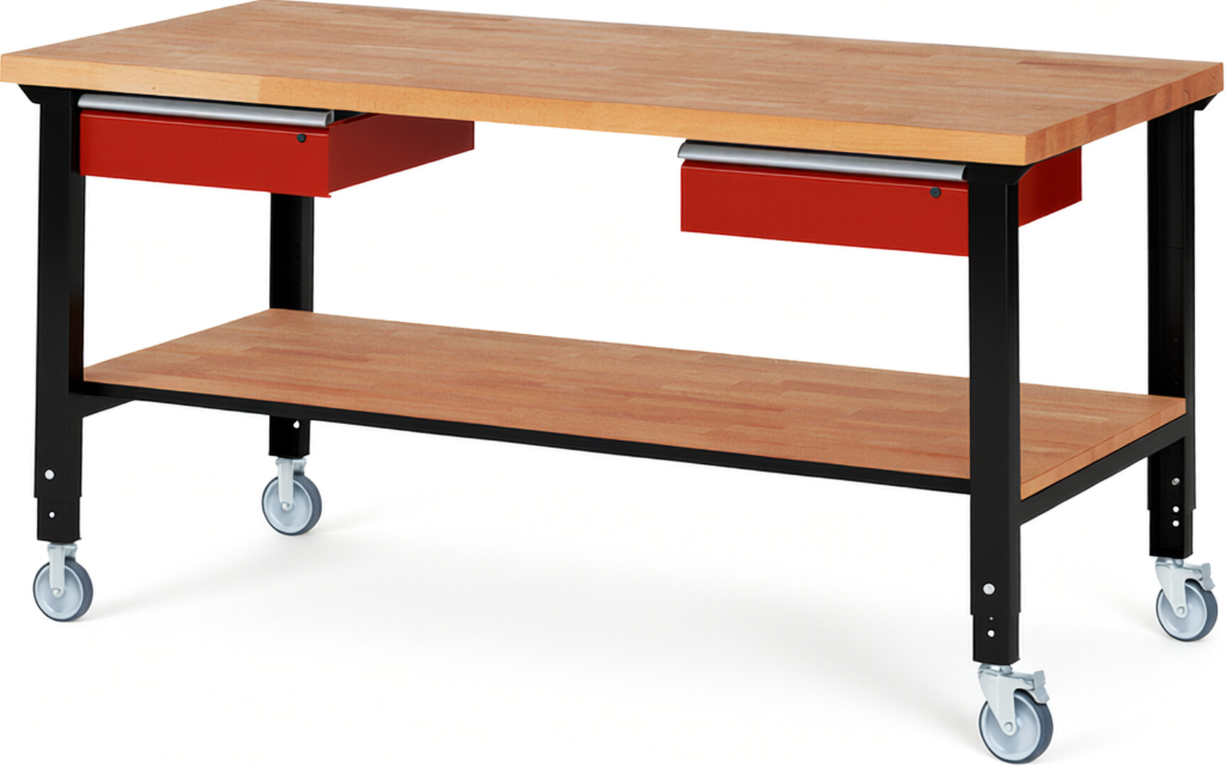 Fahrbare Werkbank Modell 7002 schwarz-rot, BxTxH 2000x900x950-1000 mm,  Buche-Massiv Arbeitsplatte 40 mm,  2 Schubladen mit  Auszug 90 %