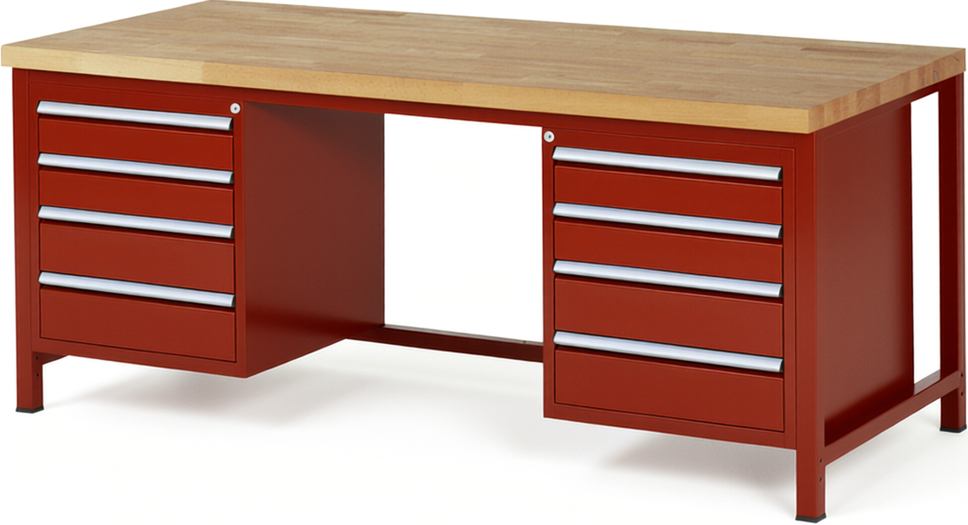 Werkbank Modell 8181 rot, BxTxH 2000x900x840-1040 mm,  Buche-Massiv Arbeitsplatte 40 mm,  8 Schubladen mit  Auszug 90 %