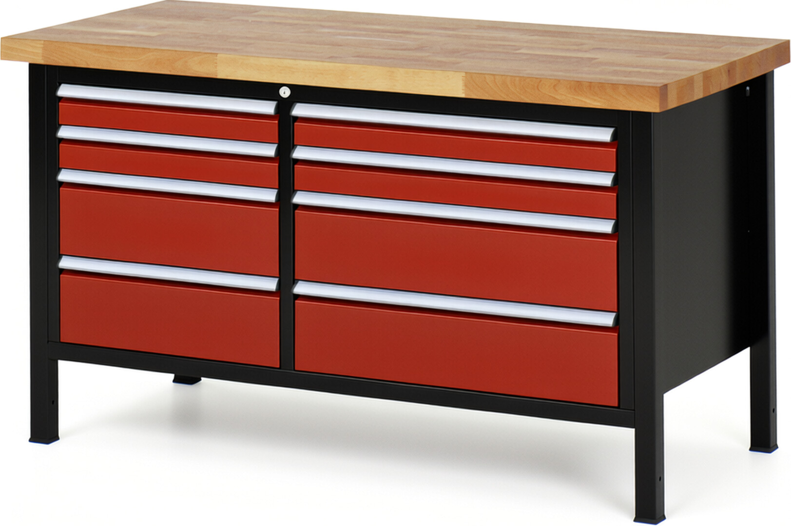 Werkbank Modell 8654 schwarz-rot, BxTxH 1500x700x840 mm,  Buche-Massiv Arbeitsplatte 40 mm,  8 Schubladen mit  Auszug 90 %