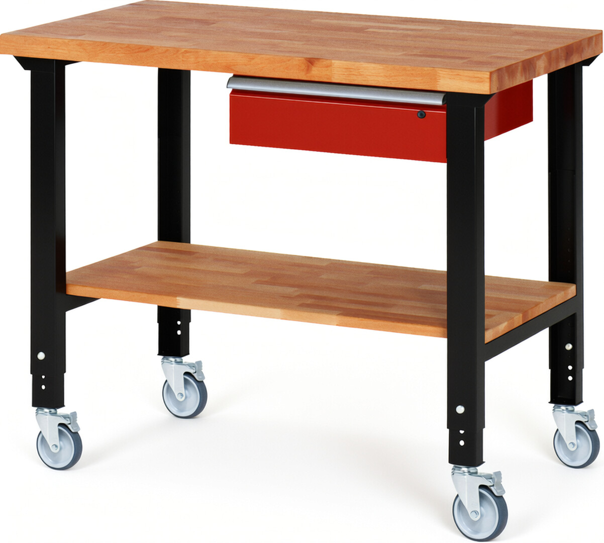 Fahrbare Werkbank Modell 7001 schwarz-rot, BxTxH 1250x700x950-1000 mm,  Buche-Massiv Arbeitsplatte 40 mm,  1 Schublade mit  Auszug 90 %