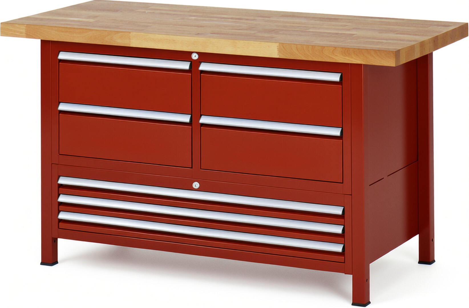 Werkbank Modell 8934 rot, BxTxH 1500x700x840 mm,  Buche-Massiv Arbeitsplatte 40 mm,  7 Schubladen mit  Auszug 90 %