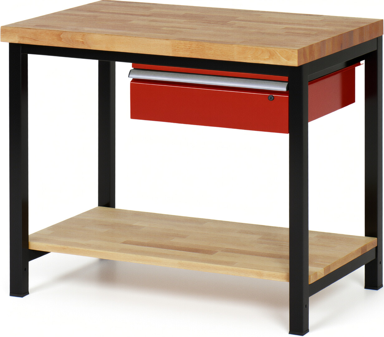 RAU Werkbank schwarz - rot - Breite 100 cm - Tiefe 70 cm - Höhe 104 cm - Buche-Massiv Arbeitsplatte 40 mm