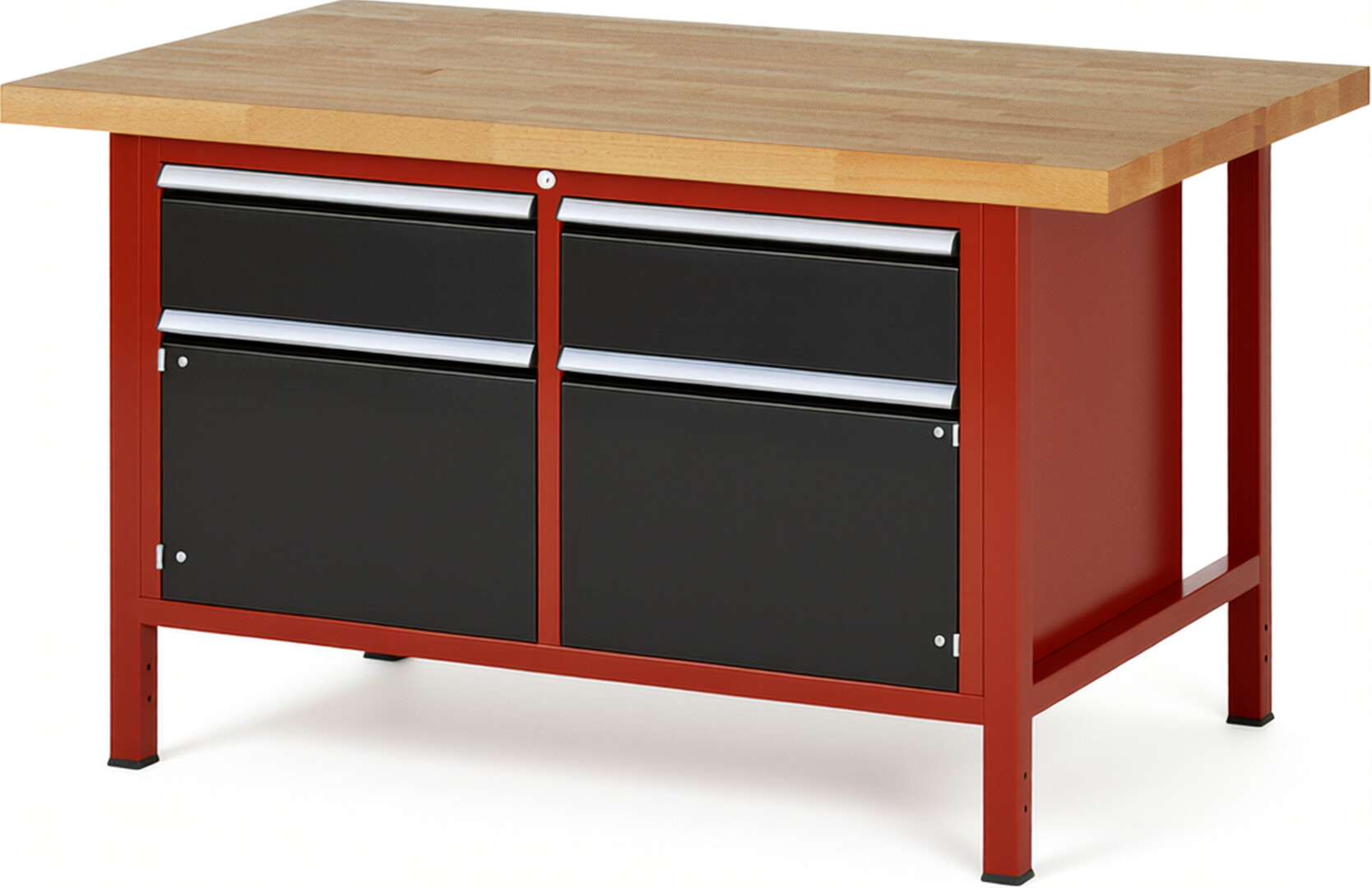 RAU Werkbank rot - schwarz - Breite 150 cm - Tiefe 90 cm - Höhe 84 cm - Buche-Massiv Arbeitsplatte 40 mm