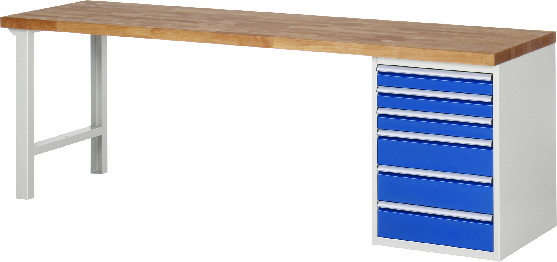 Werkbank Modell 7515 rot - schwarz, BxTxH 2500x700x890 mm,  Buche-Massiv Arbeitsplatte 40 mm,  6 Schubladen mit  Vollauszug 100 % und  SoftClosing