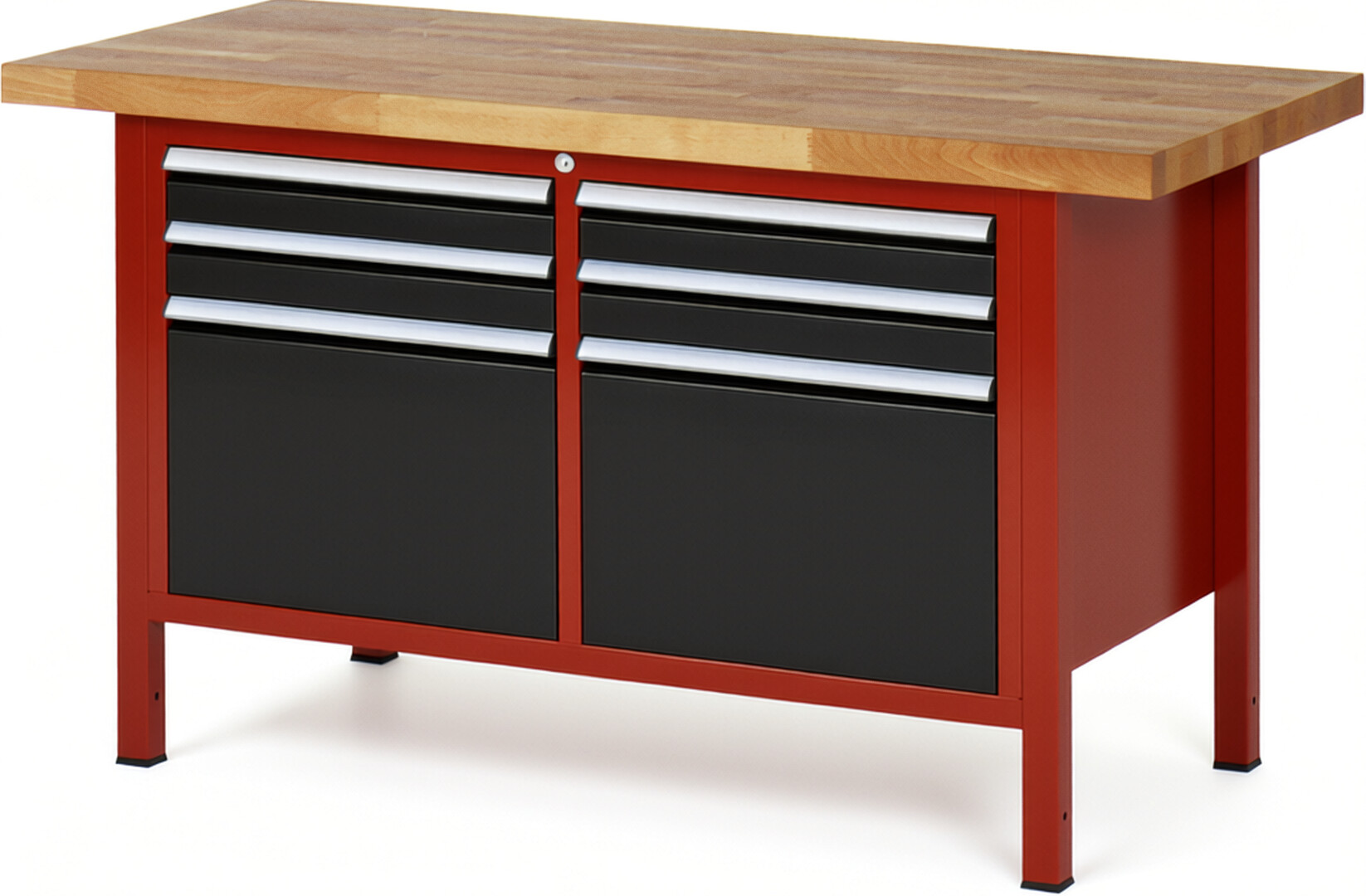 RAU Werkbank rot - schwarz - Breite 150 cm - Tiefe 70 cm - Höhe 104 cm - Buche-Massiv Arbeitsplatte 40 mm