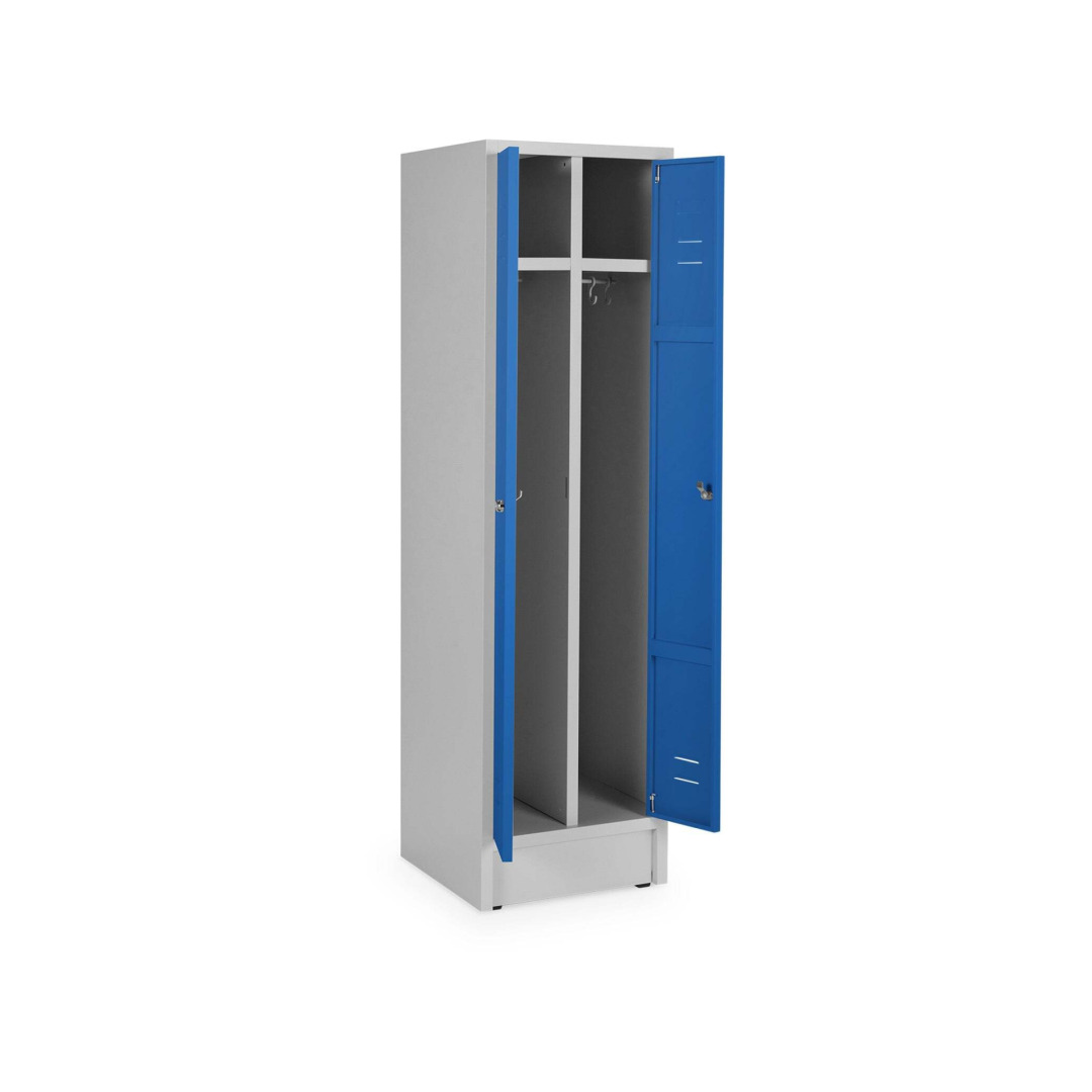 Doppelspind, 2 Abteile, Abteilbreite 25 cm, Höhe 180 cm, Breite 50 cm, RAL 7035 Lichtgrau / RAL 5010 Enzianblau