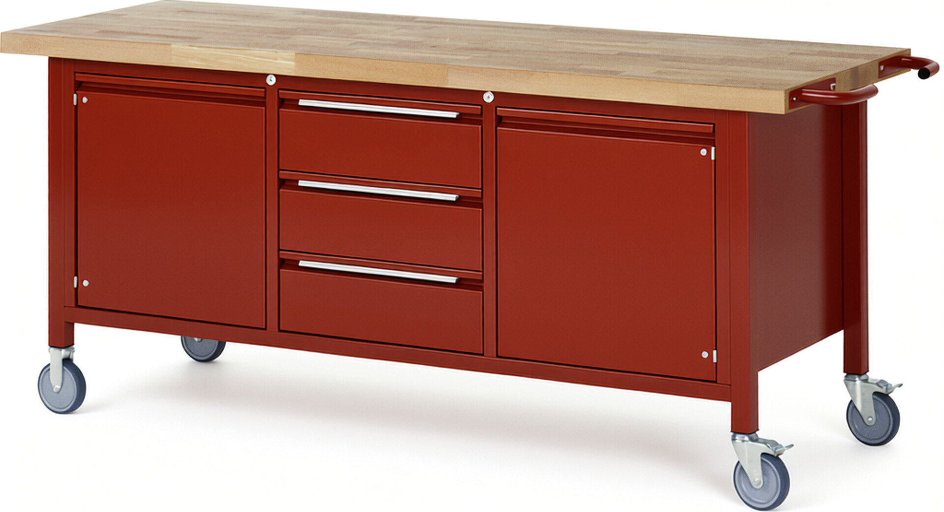 Fahrbare Werkbank - Modell 8569 BASIC rot, BxTxH 2000x700x880 mm,  Buche-Massiv Arbeitsplatte 40 mm,  3 Schubladen mit  Auszug 90 %