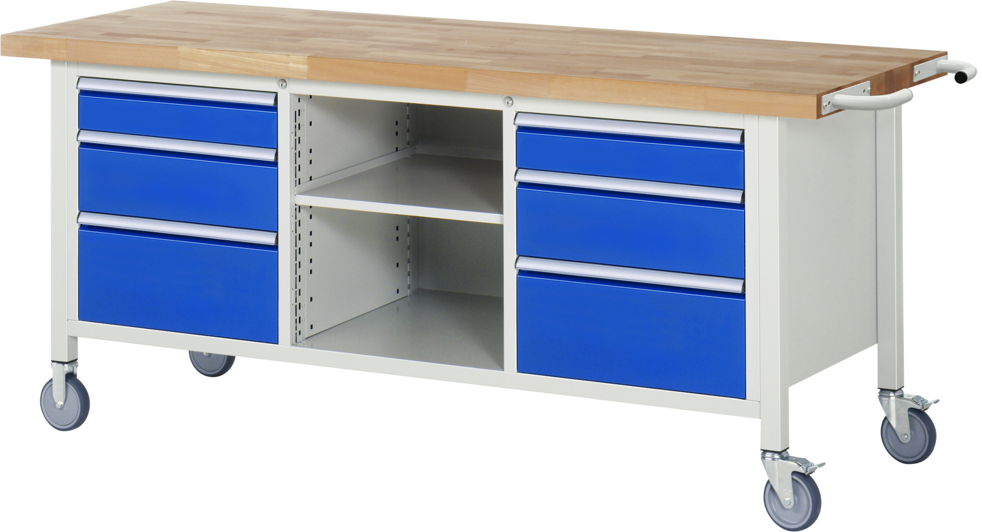 Fahrbare Werkbank Modell 8564 rot - schwarz, BxTxH 2000x700x880-1080 mm,  Buche-Massiv Arbeitsplatte 40 mm,  6 Schubladen mit  Auszug 90 %