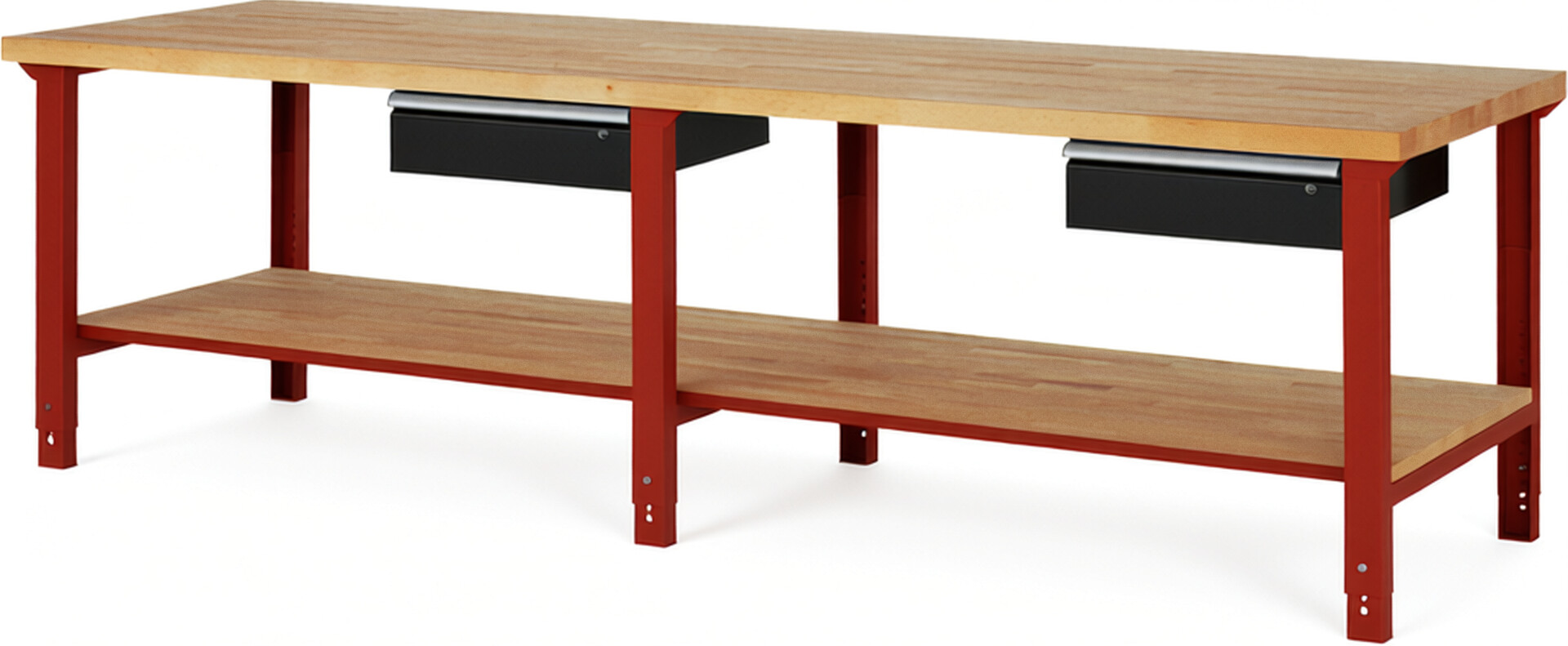 Werkbank Modell 7001 rot - schwarz, BxTxH 3000x900x790-1140 mm,  Buche-Massiv Arbeitsplatte 40 mm,  2 Schubladen mit  Auszug 90 %