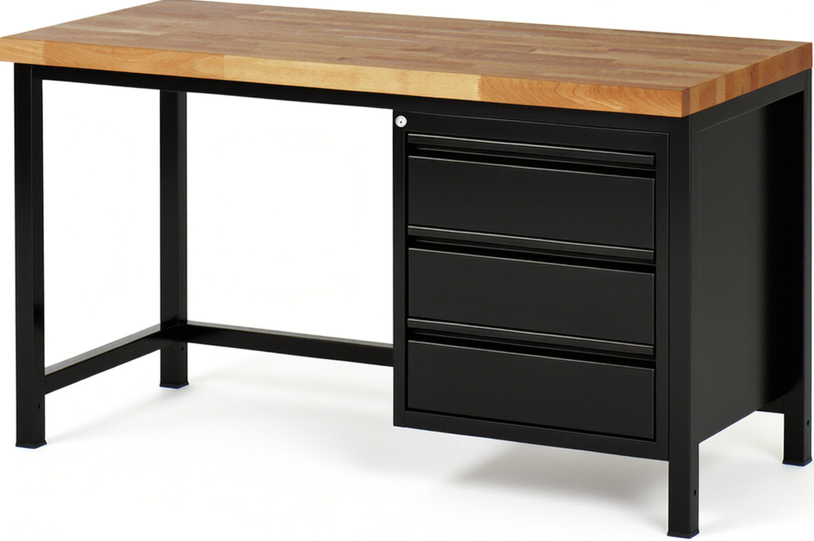 Werkbank schwarz, BxTxH 1500x700x840-1040 mm, Platte Buche 40 mm, 6 Schubladen: 3x90 mm, 3x150 mm, RAL 9011/9011