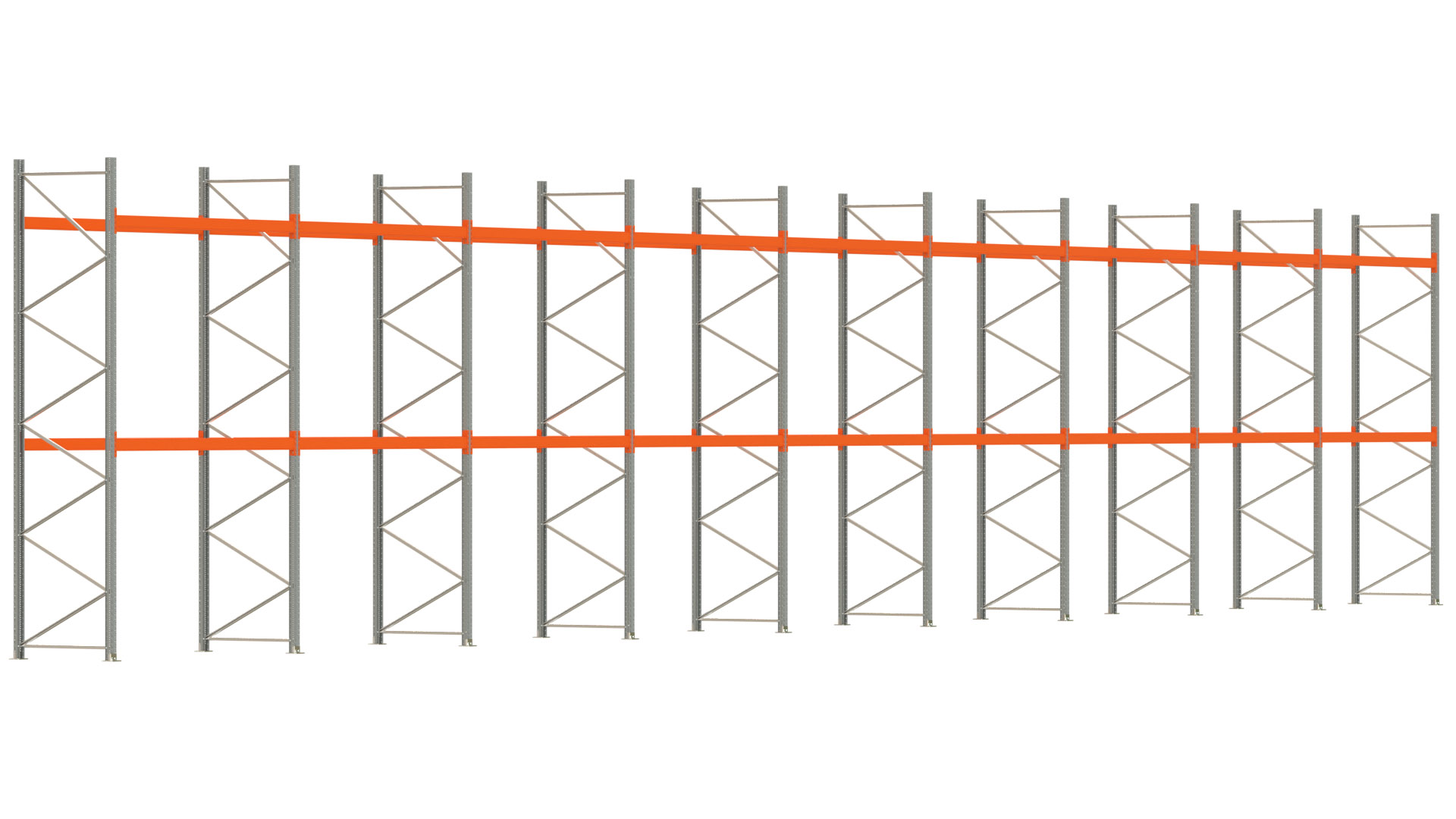 Palettenregal ARTUS - Breite 2515 cm - Höhe 450 cm - Tiefe 110 cm - 2 Träger-Ebenen - max. Fachlast 2100 kg - 81 Palettenstellplätze
