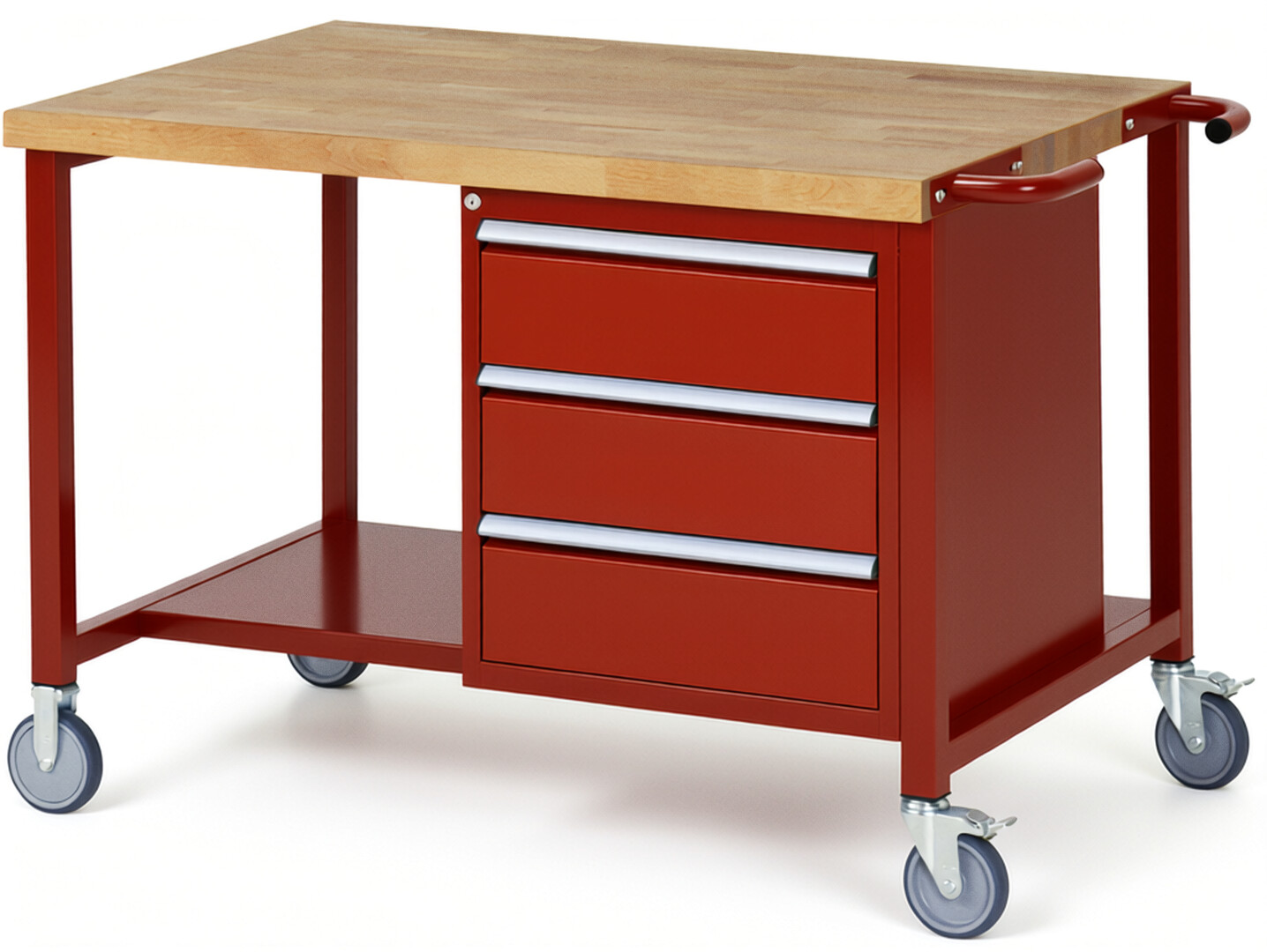 Fahrbare Werkbank Modell 8157 rot, BxTxH 1250x900x880 mm,  Buche-Massiv Arbeitsplatte 40 mm,  3 Schubladen mit  Vollauszug 100 % und  SoftClosing