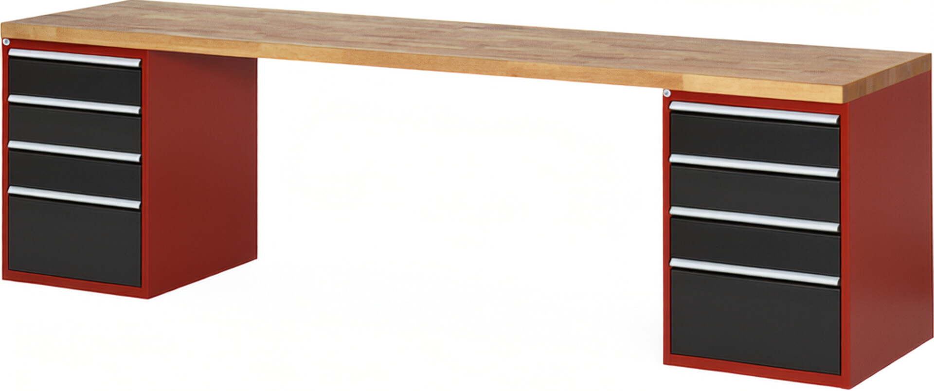 Werkbank Modell 7510 rot - schwarz, BxTxH 3000x700x890 mm,  Buche-Massiv Arbeitsplatte 40 mm,  8 Schubladen mit  Vollauszug 100 % und  SoftClosing
