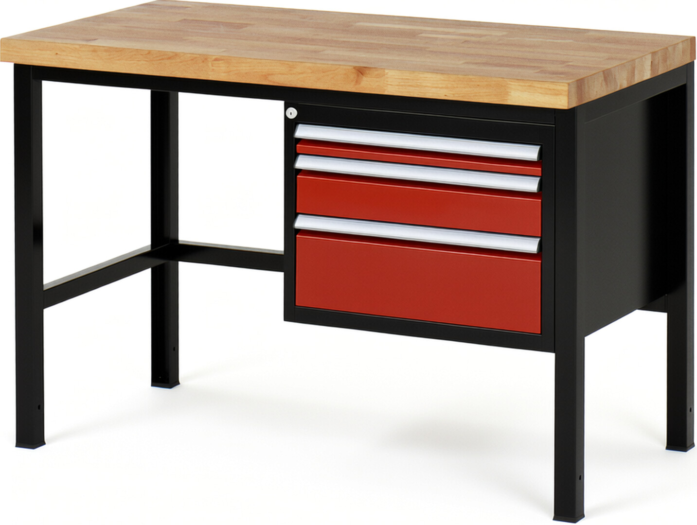 Werkbank Modell 8126 schwarz-rot, BxTxH 1250x700x840 mm,  Buche-Massiv Arbeitsplatte 40 mm,  3 Schubladen mit  Auszug 90 %