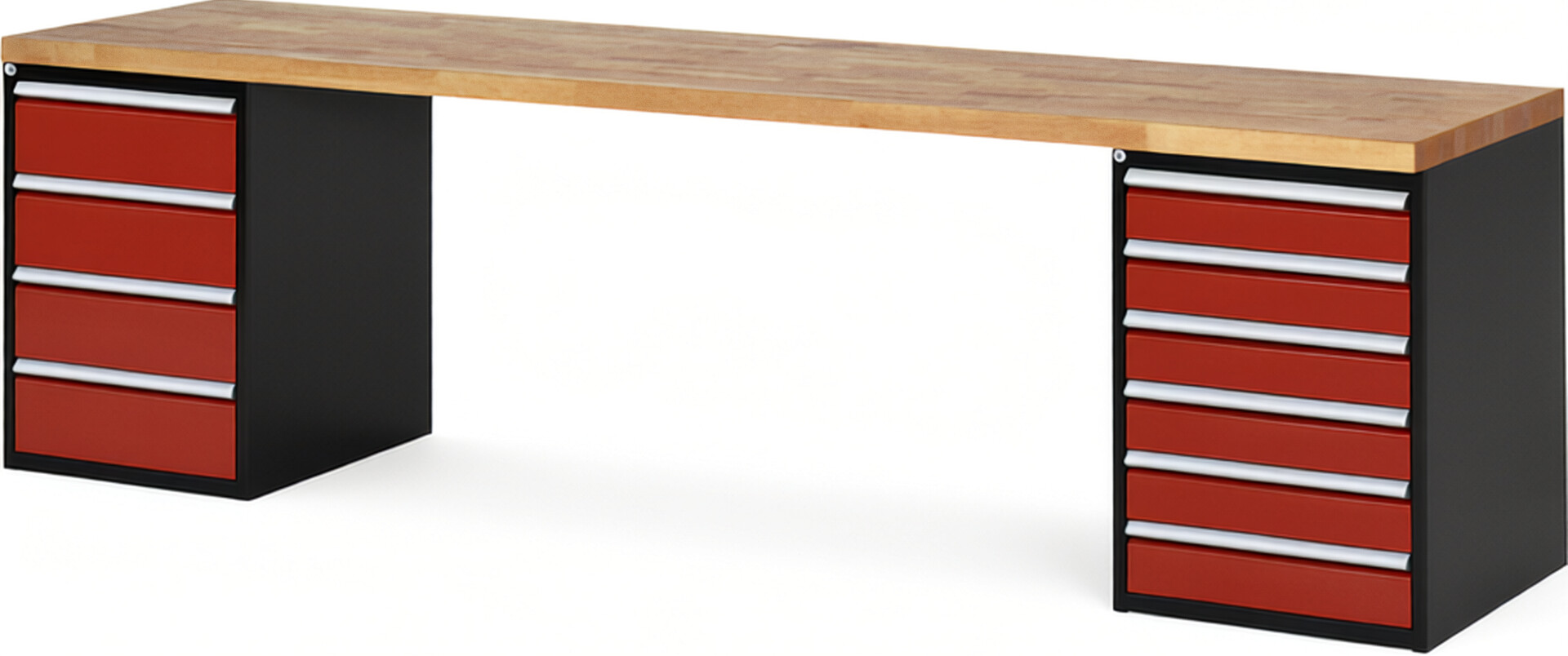 RAU Werkbank schwarz - rot - Breite 300 cm - Tiefe 90 cm - Höhe 89 cm - Buche-Massiv Arbeitsplatte 40 mm