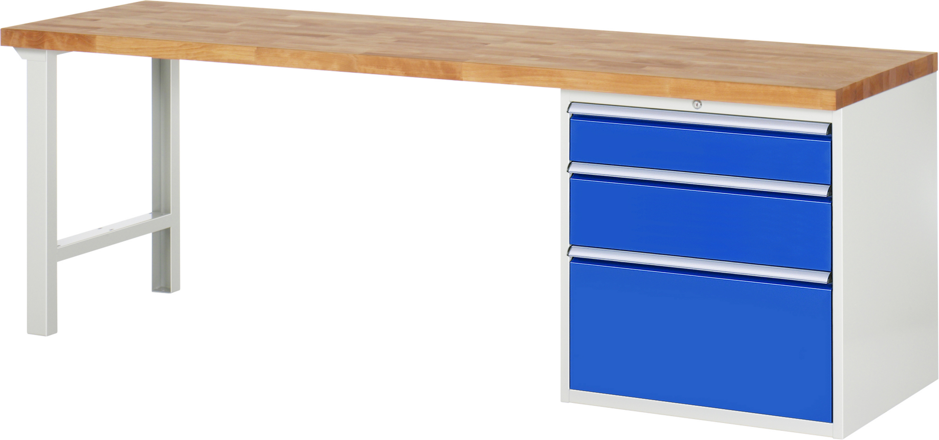 Werkbank Modell 7608 rot - schwarz, BxTxH 2500x700x840 mm,  Buche-Massiv Arbeitsplatte 40 mm,  3 Schubladen mit  Auszug 90 %