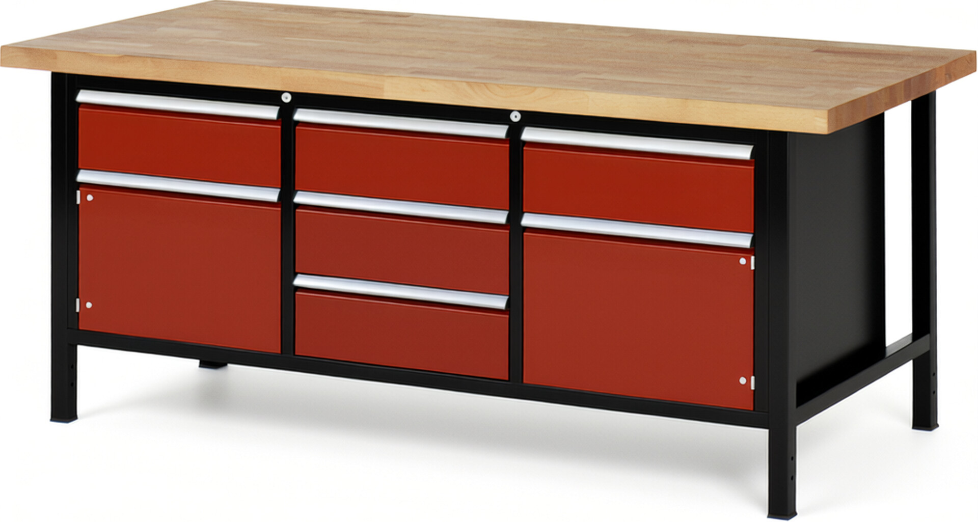 RAU Werkbank schwarz - rot - Breite 200 cm - Tiefe 90 cm - Höhe 104 cm - Buche-Massiv Arbeitsplatte 40 mm