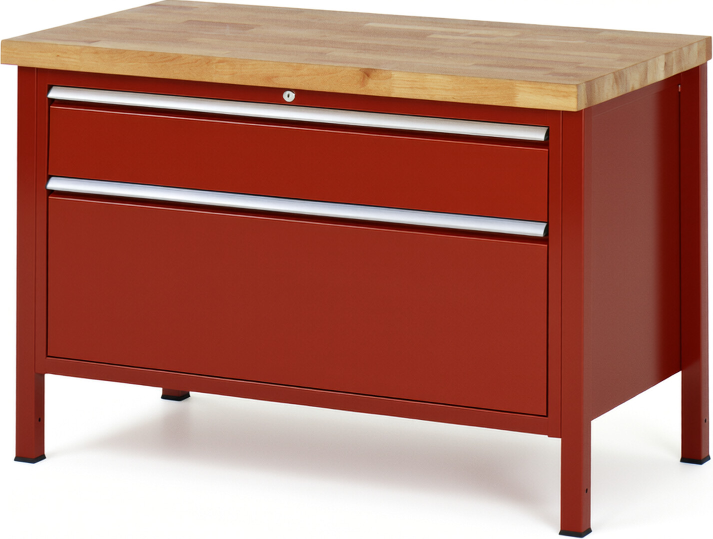 Werkbank Modell 8356 rot, BxTxH 1250x700x840 mm,  Buche-Massiv Arbeitsplatte 40 mm,  2 Schubladen mit  Auszug 90 %