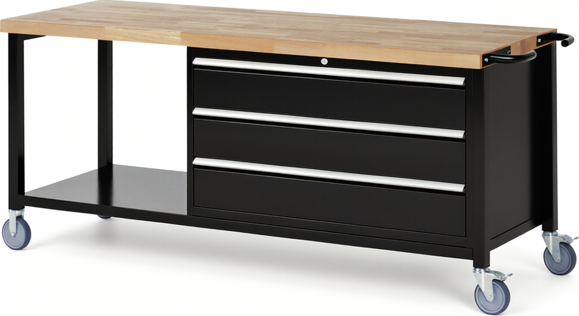 Fahrbare Werkbank Modell 8357 schwarz, BxTxH 2000x700x880-1080 mm,  Buche-Massiv Arbeitsplatte 40 mm,  3 Schubladen mit  Auszug 90 %