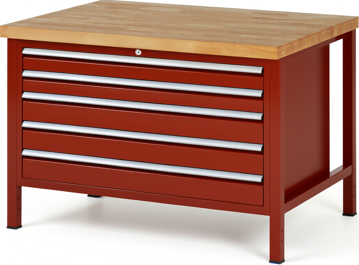 Werkbank Modell 8371 rot, BxTxH 1250x900x840-1040 mm,  Buche-Massiv Arbeitsplatte 40 mm,  5 Schubladen mit  Vollauszug 100 % und  SoftClosing