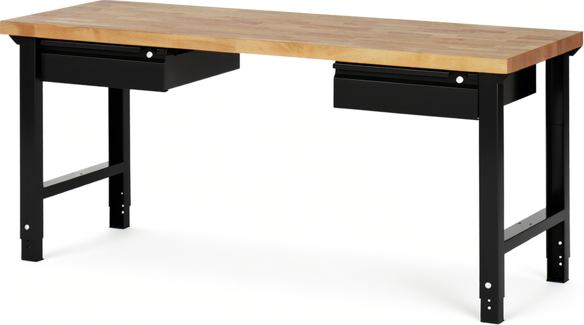 Werkbank - Modell 7002 BASIC schwarz, BxTxH 2000x700x790-1140 mm,  Buche-Massiv Arbeitsplatte 40 mm,  2 Schubladen mit  Auszug 90 %