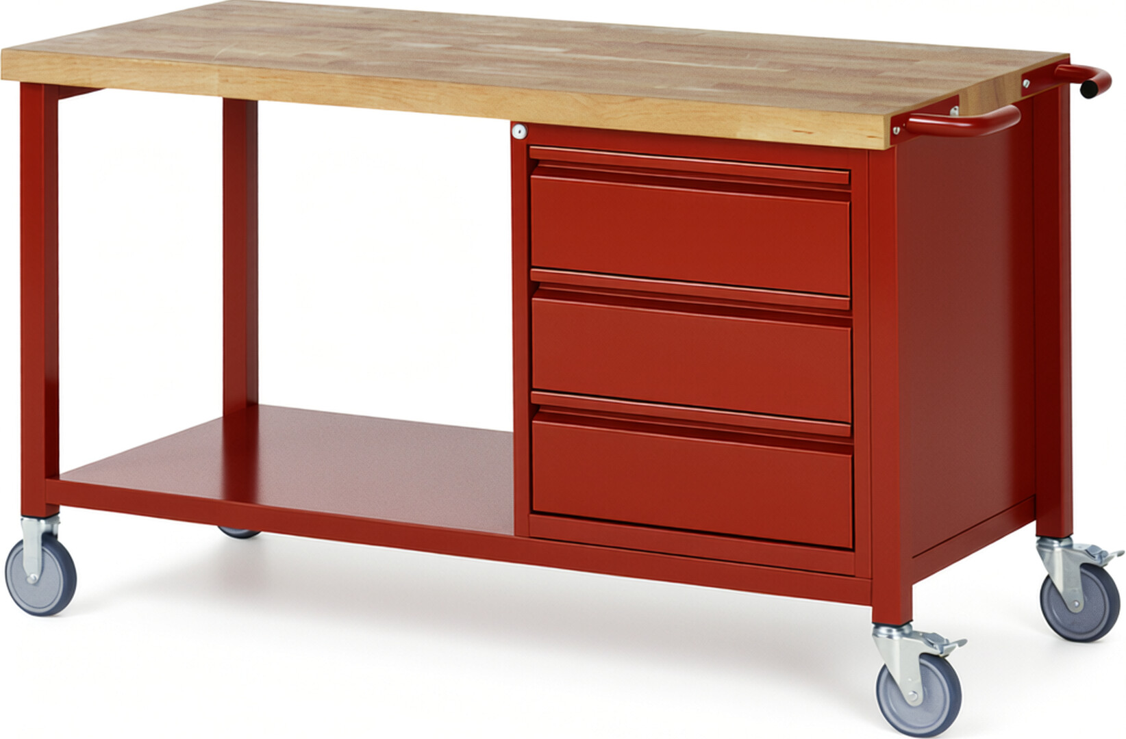 Fahrbare Werkbank - Modell 8157 BASIC rot, BxTxH 1500x700x880 mm,  Buche-Massiv Arbeitsplatte 40 mm,  3 Schubladen mit  Auszug 90 %