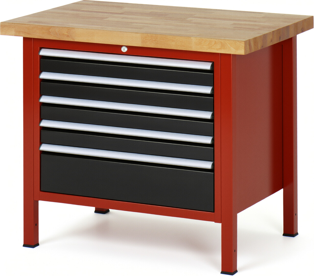 Werkbank Modell 8268 rot - schwarz, BxTxH 1000x700x840 mm,  Buche-Massiv Arbeitsplatte 40 mm,  5 Schubladen mit  Auszug 90 %