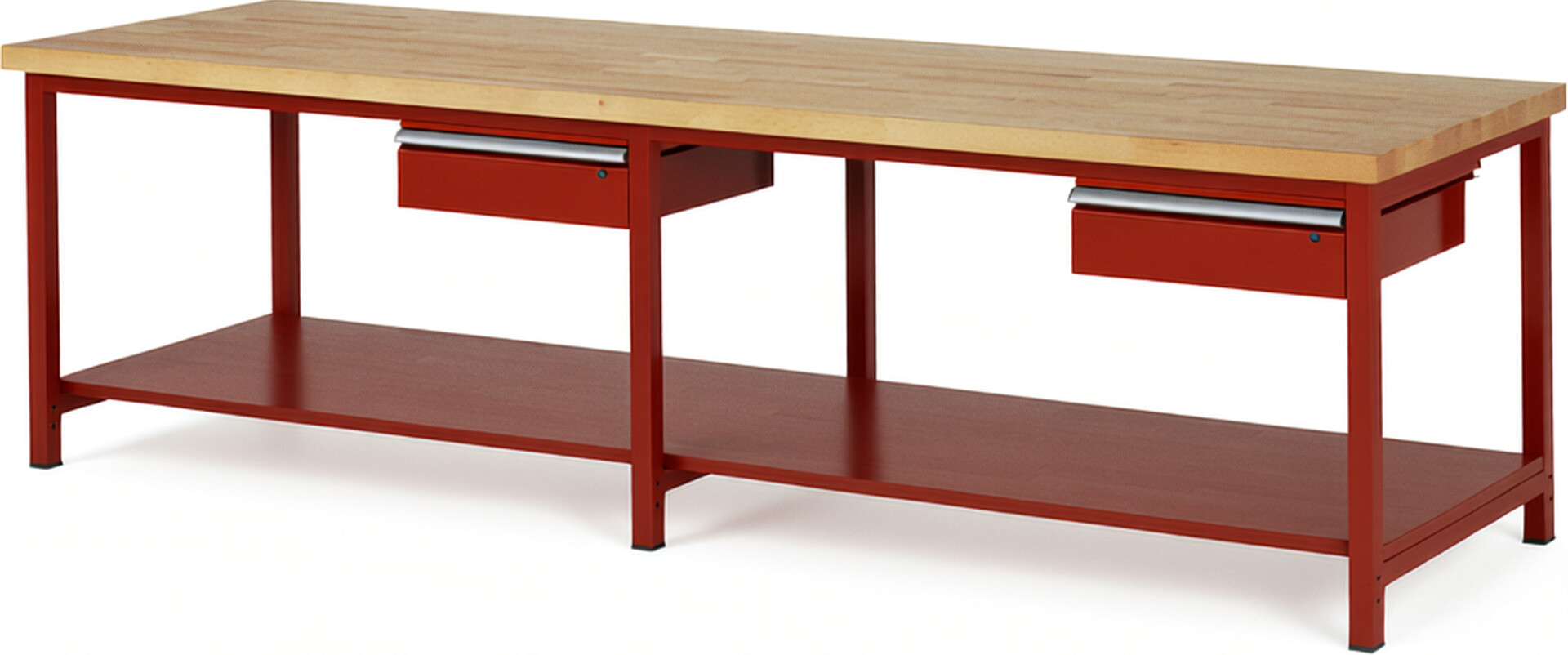 Werkbank Modell 8001 rot, BxTxH 3000x900x840 mm,  Buche-Massiv Arbeitsplatte 40 mm,  2 Schubladen mit  Auszug 90 %