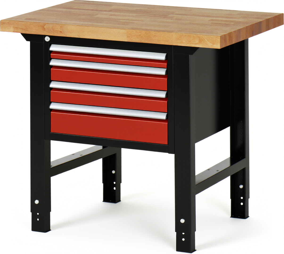 RAU Werkbank schwarz - rot - Breite 100 cm - Tiefe 70 cm - Höhe 114 cm - Buche-Massiv Arbeitsplatte 40 mm