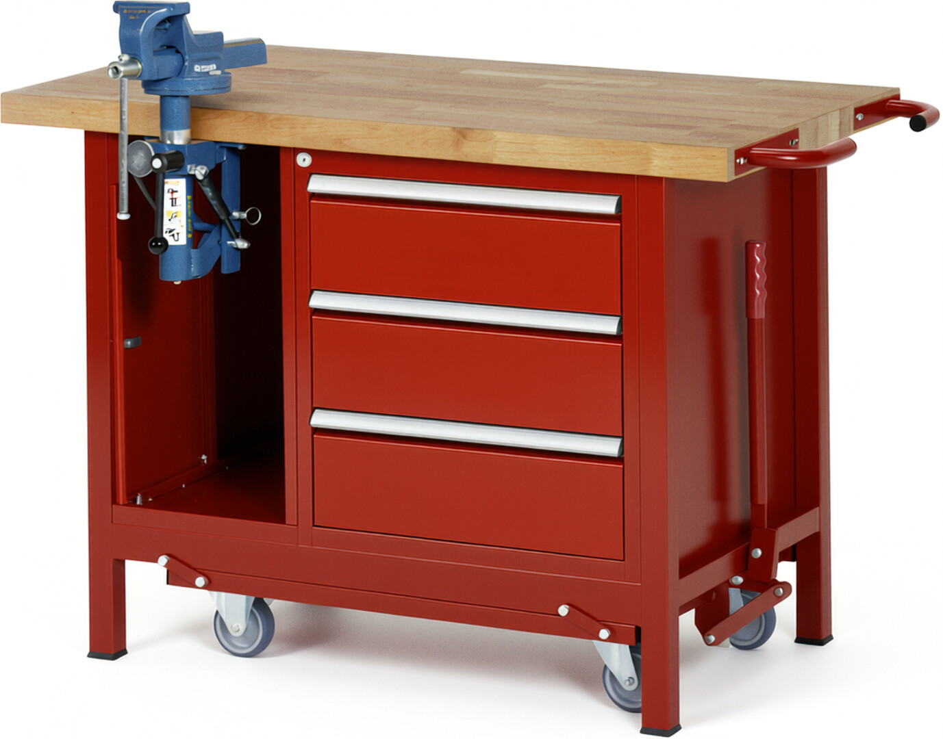 RAU Werkbank rot - Breite 125 cm - Tiefe 70 cm - Höhe 88 cm - Buche-Massiv Arbeitsplatte 40 mm