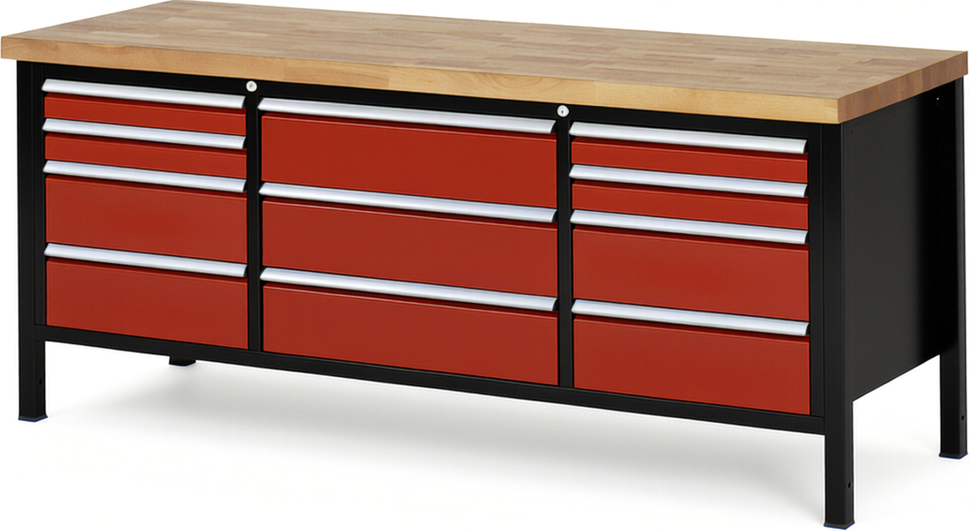 RAU Werkbank schwarz - rot - Breite 200 cm - Tiefe 70 cm - Höhe 84 cm - Buche-Massiv Arbeitsplatte 40 mm